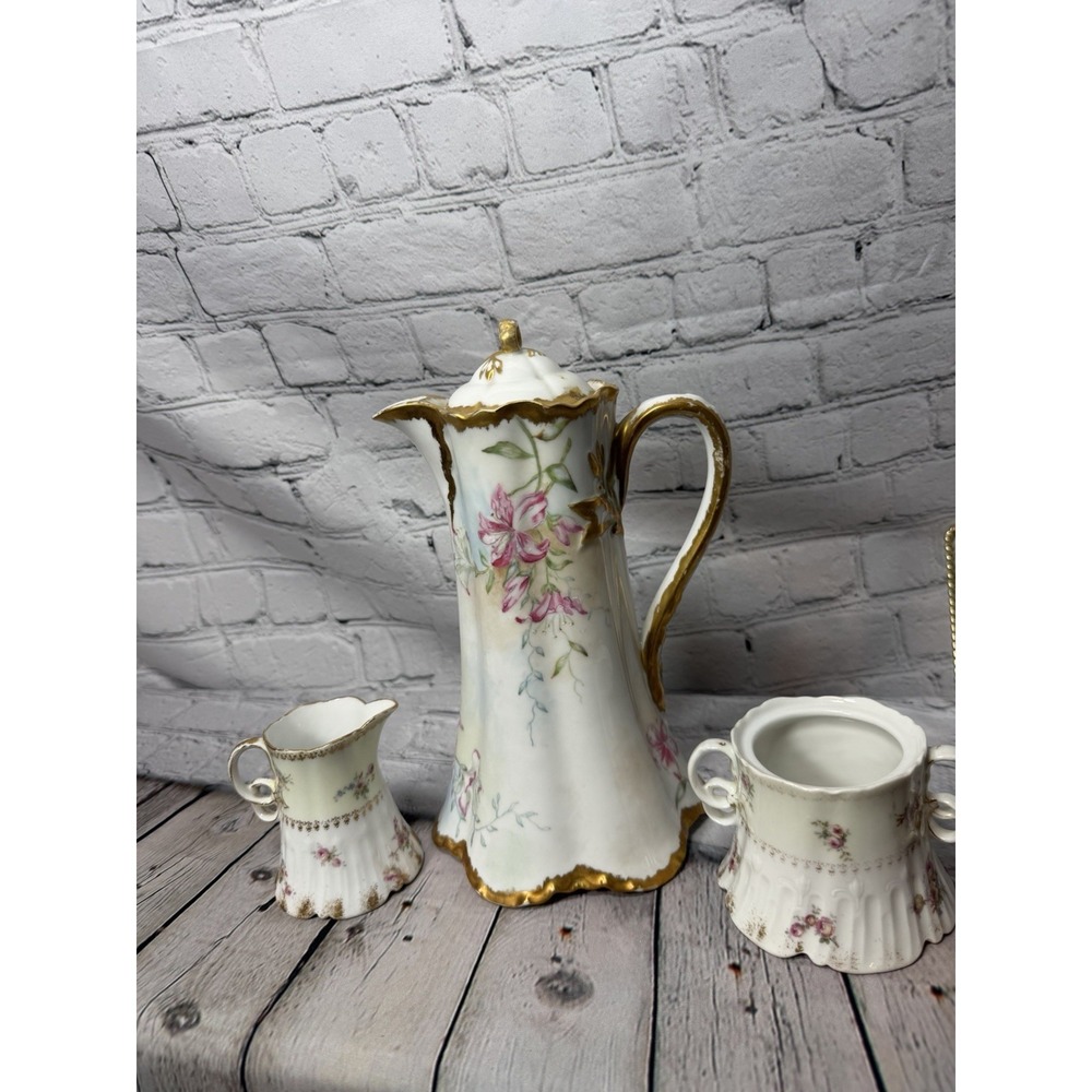 Antique CFH GDM Charles Field Haviland Limoges France Chocolate Pot Set Floral